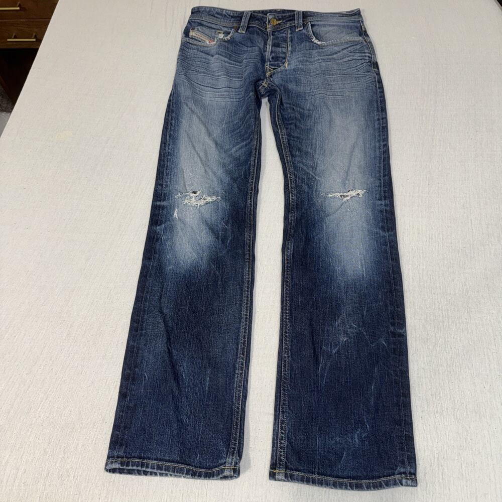 Diesel Larkee Mens 32x34 Regular Straight Blue Jeans Button Fly 008MB Distressed